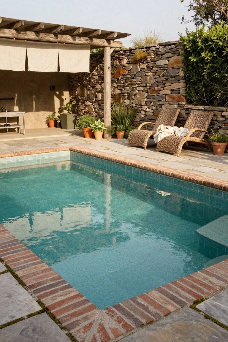 Small rectangular pool with turquoise mosaic tiles and brick coping on a stone paver patio, with wicker loungers, potted plants, and a wooden pergola against a stone wall.