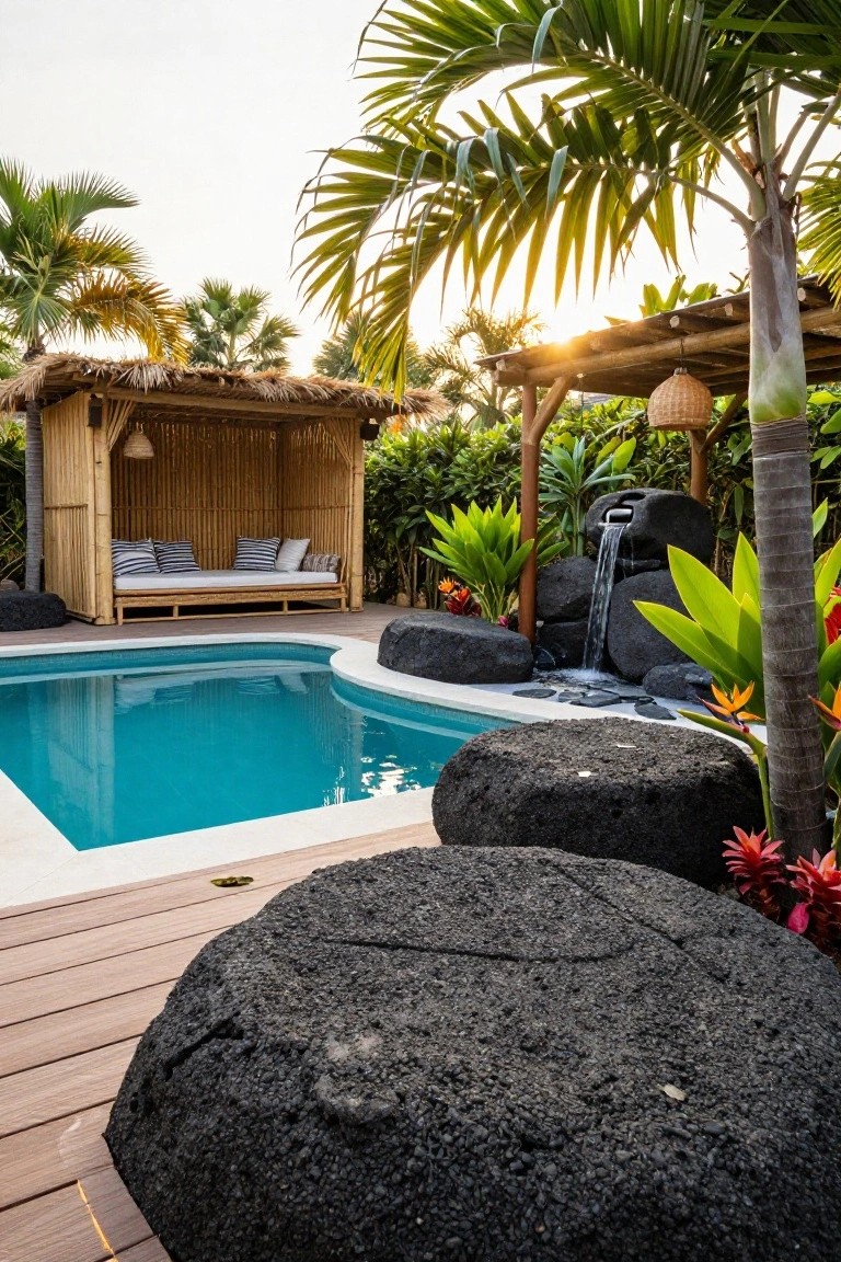 18 Sophisticated Landscaping Around Inground Pool Designs That Flow Beautifully Curved inground pool with turquoise water edged in white tile and surrounded by large black lava rock boulders, a stone waterfall feature flowing into the pool, tropical plants and palms, and a nearby bamboo pavilion with cushioned daybed on a wooden deck.