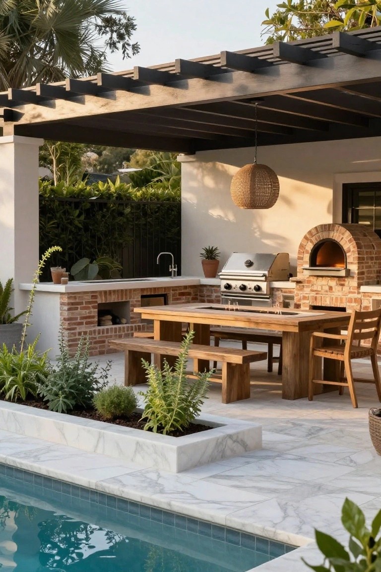 18 Sophisticated Landscaping Around Inground Pool Designs That Flow Beautifully Outdoor patio with brick kitchen counter featuring sink, gas grill, and arched pizza oven, wooden rectangular dining table with built-in linear fire pit, benches and chairs, potted plants, and edge of turquoise inground pool on white marble tile decking under black pergola.