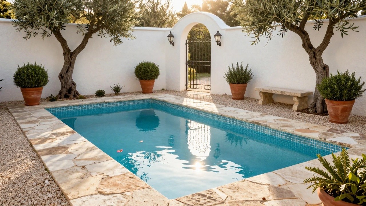 Small rectangular inground pool with turquoise tiles and beige stone coping, surrounded by gravel groundcover, mature olive trees, potted rosemary plants, clipped shrubs, a stone bench, and white stucco walls with an arched black iron gate.