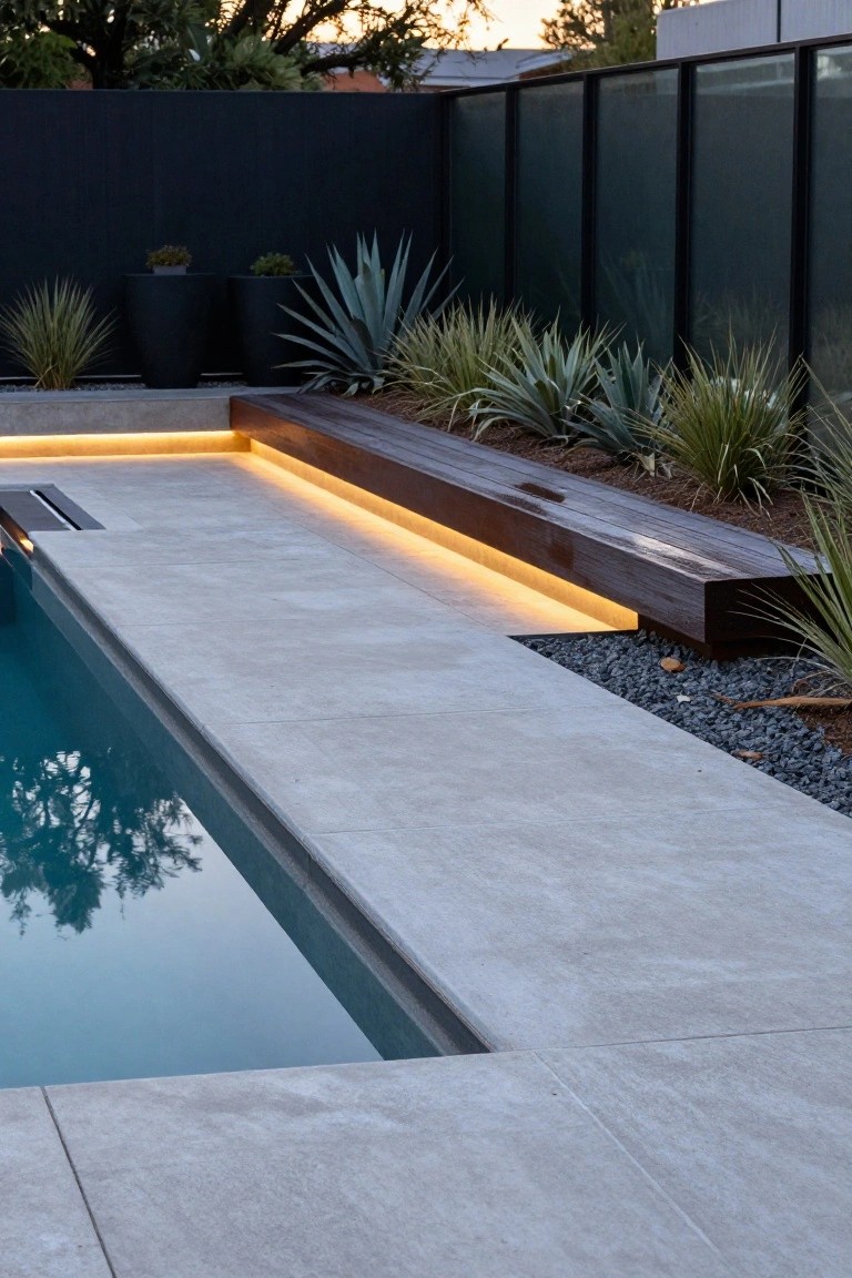 18 Sophisticated Landscaping Around Inground Pool Designs That Flow Beautifully Gray concrete pool deck with a linear wooden bench seat along the edge, recessed LED strip lighting underneath the bench and deck lip, surrounded by potted plants, agave succulents, grasses, black gravel mulch, and a black metal fence beside the pool water.