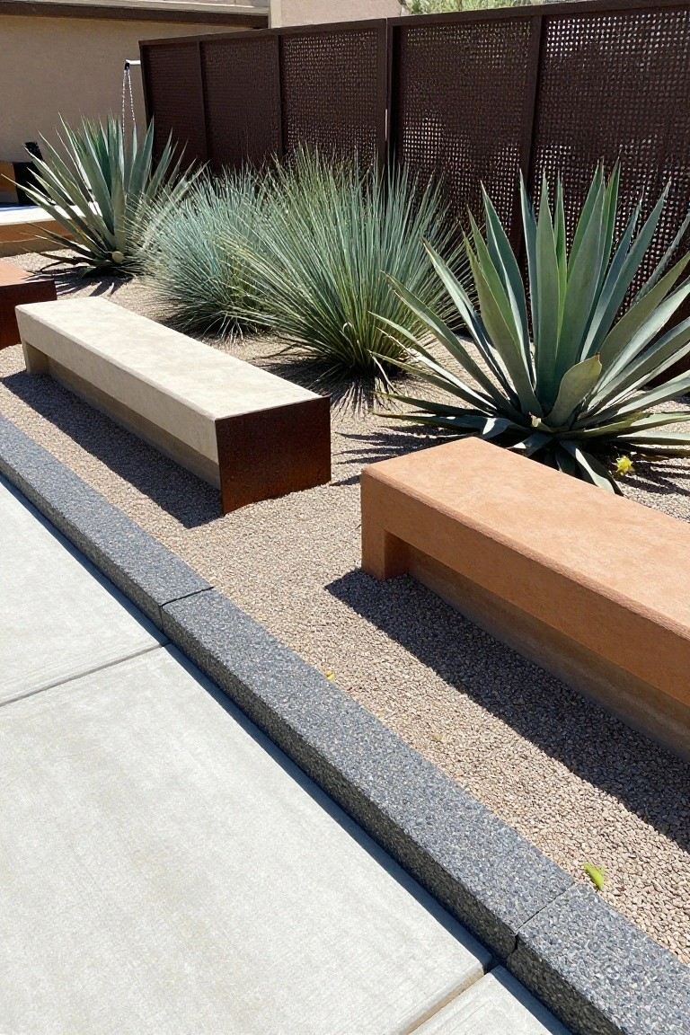 18 Sophisticated Landscaping Around Inground Pool Designs That Flow Beautifully Gravel landscaping beds with agave plants and integrated beige and rust-toned concrete benches along a concrete path next to a pool area, with a brown metal fence in the background.