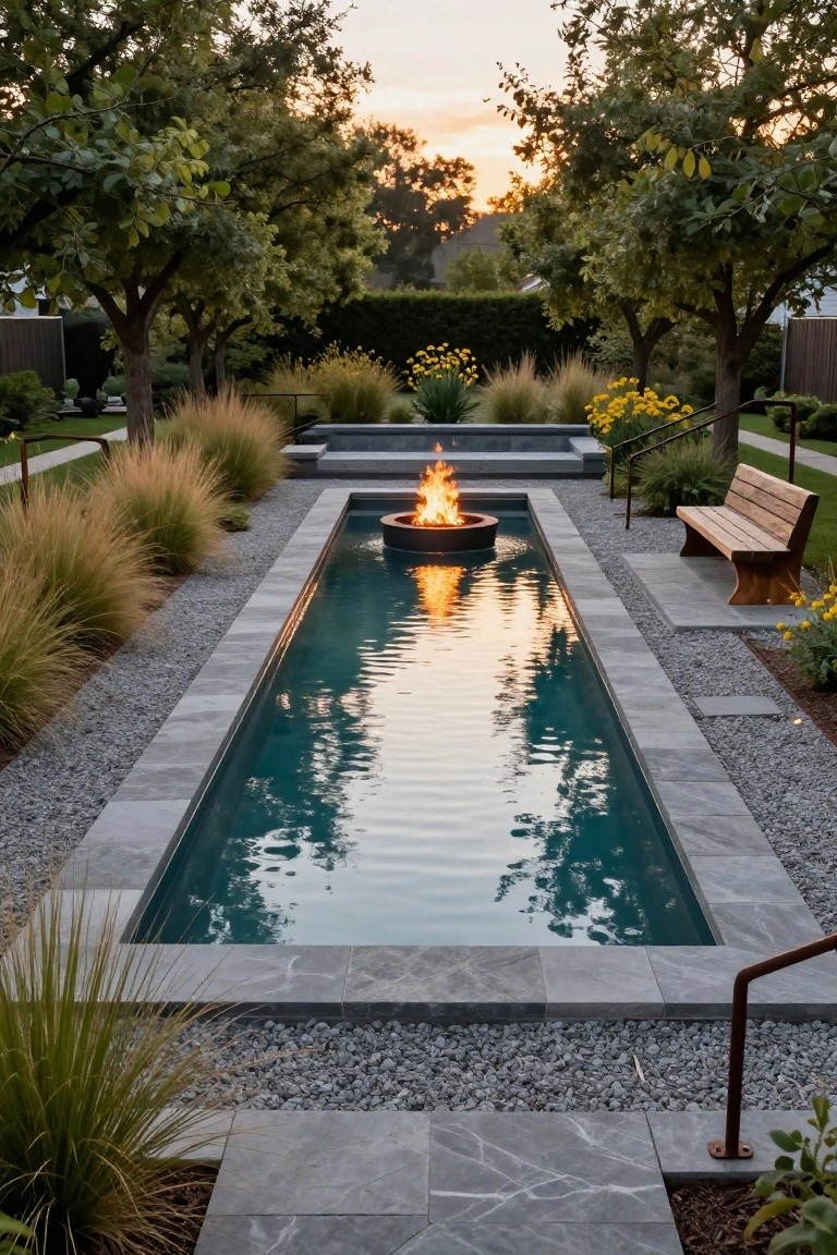 18 Sophisticated Landscaping Around Inground Pool Designs That Flow Beautifully Narrow rectangular inground pool with central black fire bowl and flames reflecting on turquoise water, edged in gray stone tiles, surrounded by white pebbles, tall ornamental grasses, wooden bench, and trees at sunset.