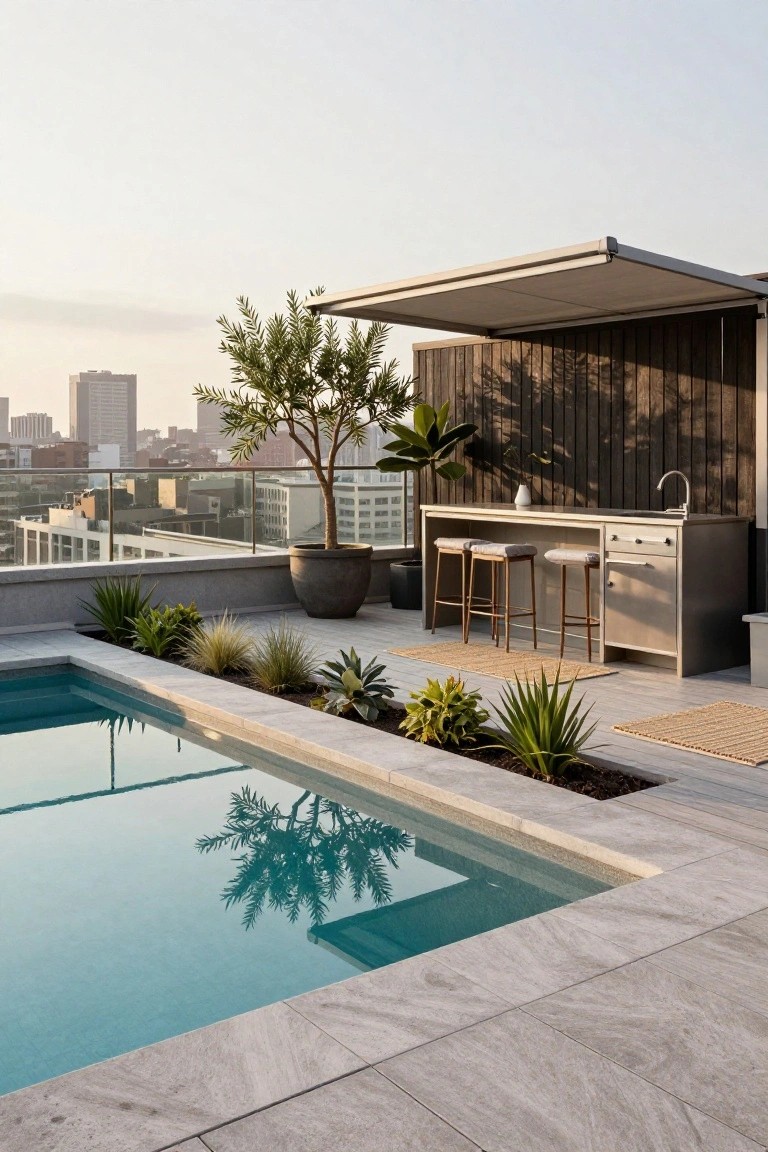18 Sophisticated Landscaping Around Inground Pool Designs That Flow Beautifully Rooftop pool with turquoise water edged by gray tiled deck and narrow adjacent planting bed containing grasses, succulents, and small shrubs, next to a built-in gray outdoor bar counter with sink, drawers, cushioned barstools, and wooden backing under a fabric awning, large potted olive tree nearby, city skyline view.
