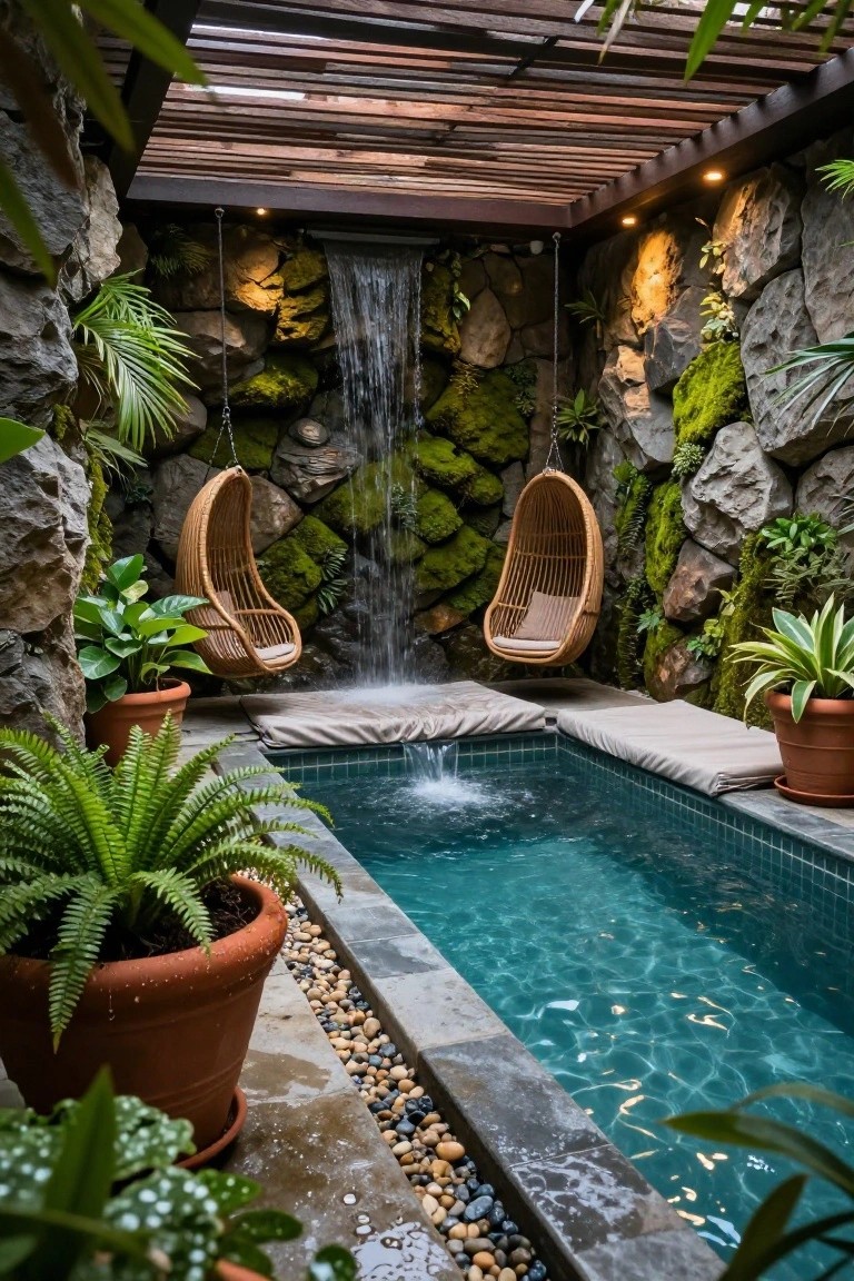 18 Sophisticated Landscaping Around Inground Pool Designs That Flow Beautifully Small turquoise inground pool edged in stone and pebbles, surrounded by tall moss-covered rock walls with plants and a waterfall flowing into the water, two hanging rattan chairs suspended nearby, and potted tropical plants on the deck.