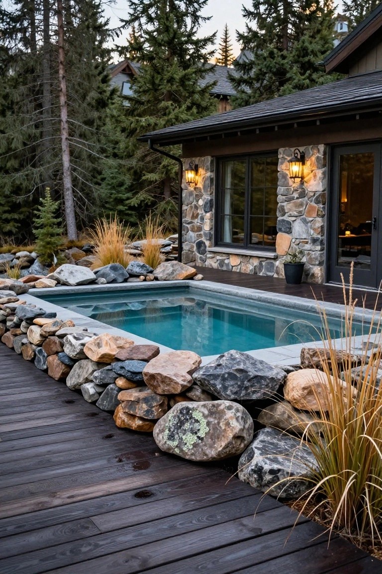 18 Sophisticated Landscaping Around Inground Pool Designs That Flow Beautifully Small inground pool with turquoise water edged by stacked natural boulders and surrounded by ornamental grasses next to a dark wood deck and stone house wall amid pine trees.