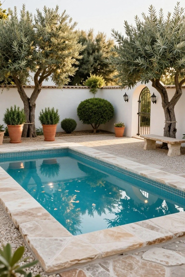 18 Sophisticated Landscaping Around Inground Pool Designs That Flow Beautifully Small rectangular inground pool with turquoise tiles and beige stone coping, surrounded by gravel groundcover, mature olive trees, potted rosemary plants, clipped shrubs, a stone bench, and white stucco walls with an arched black iron gate.
