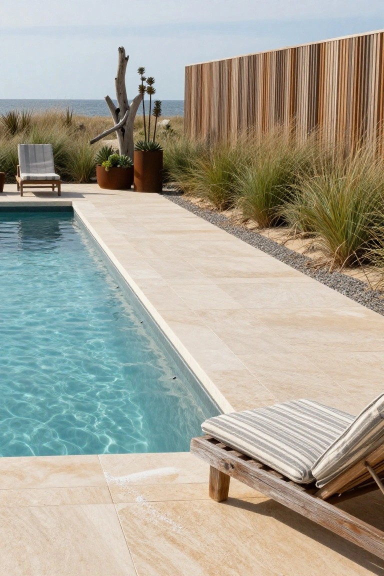 18 Sophisticated Landscaping Around Inground Pool Designs That Flow Beautifully Inground pool with light beige travertine decking edged by gravel mulch and tall ornamental grasses, wooden lounge chair nearby, rust pots with succulents, slatted wood fence, and ocean dunes in background.