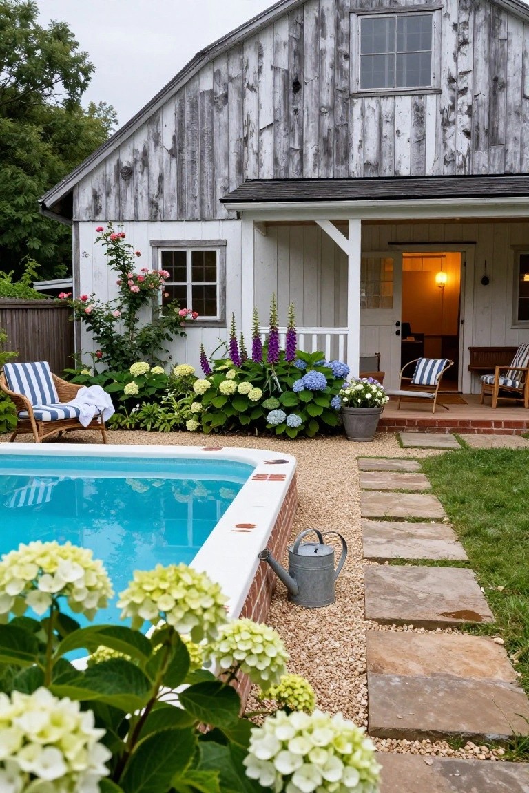 18 Sophisticated Landscaping Around Inground Pool Designs That Flow Beautifully Inground pool with white hydrangea bushes along the edge, gravel ground cover, stone path, potted blue hydrangeas, Adirondack chairs on a porch next to a weathered white barn, and garden plantings including foxgloves and climbing roses.