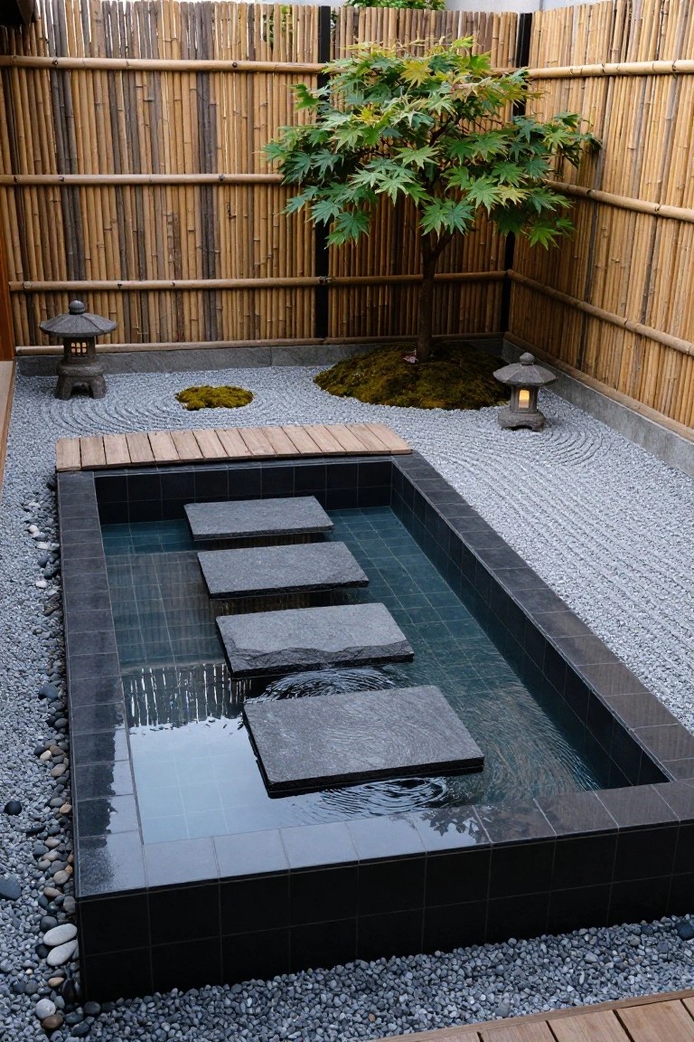 18 Sophisticated Landscaping Around Inground Pool Designs That Flow Beautifully A rectangular shallow pool with black tiles and large gray stone slabs positioned as stepping stones across the water, surrounded by raked white gravel, moss mounds, stone lanterns, a small tree, and bamboo fencing.