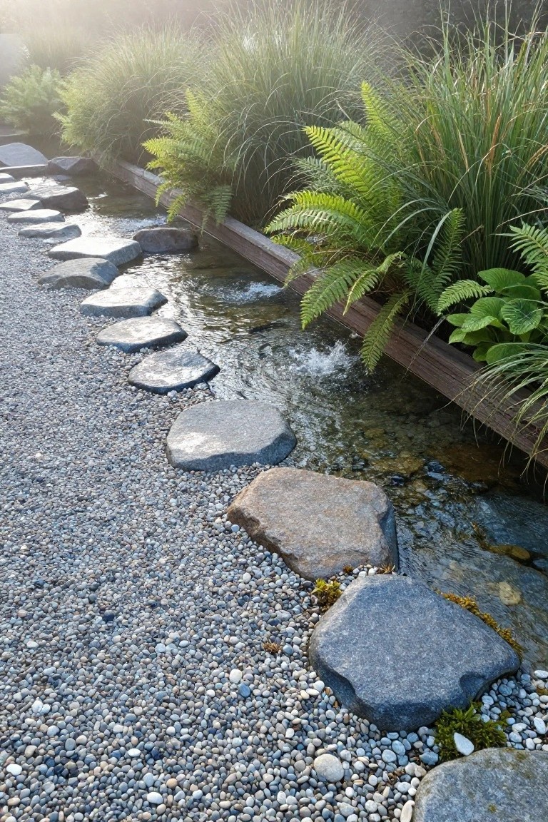18 Sophisticated Landscaping Around Inground Pool Designs That Flow Beautifully Irregular flat stepping stones placed across a narrow flowing stream with wooden edging, surrounded by ferns, ornamental grasses, hostas, and gravel path in a garden setting.