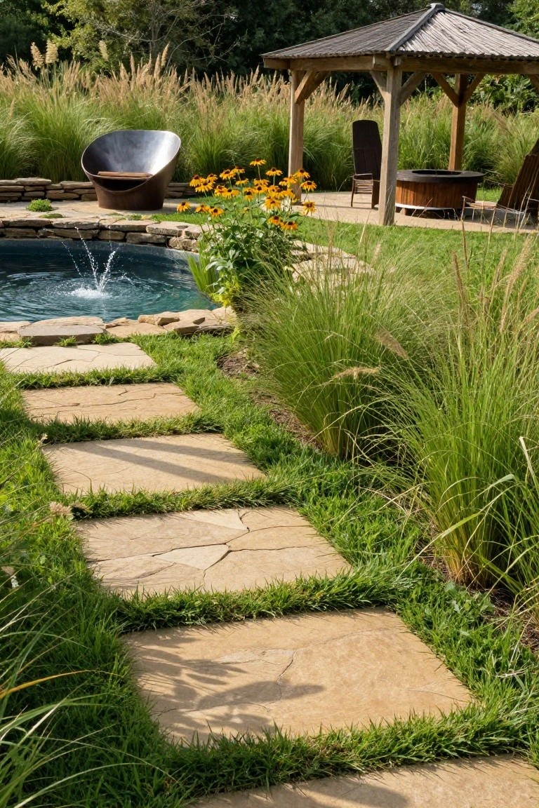 18 Sophisticated Landscaping Around Inground Pool Designs That Flow Beautifully Winding path of large irregular beige stone slabs set into green grass and bordered by tall green ornamental grasses leading to a small turquoise inground pool with fountain, with gazebo, chairs, hot tub, and black-eyed Susan flowers nearby.