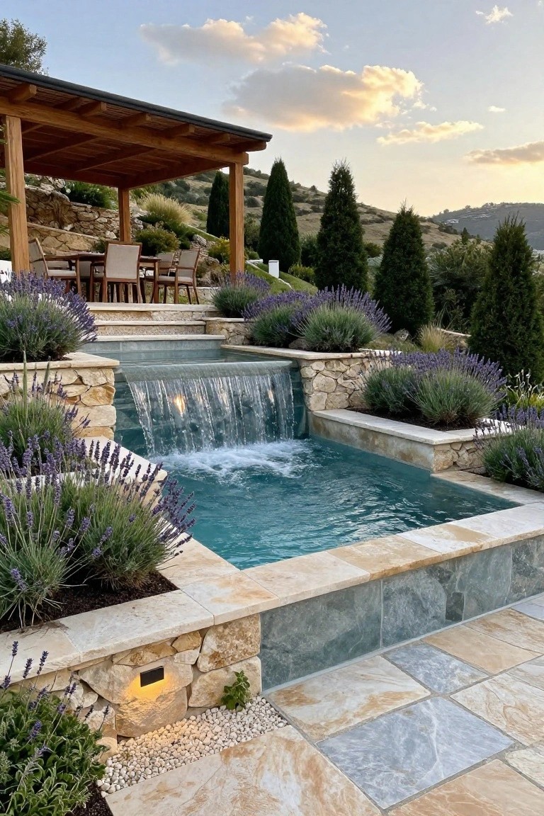 18 Sophisticated Landscaping Around Inground Pool Designs That Flow Beautifully Inground pool with cascading waterfall from stone terrace edge, surrounded by lavender plants in raised beds, stone steps, and a wooden pergola with dining table on a sloped hillside landscape at dusk.