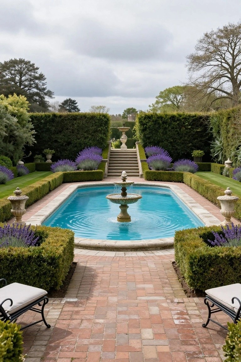18 Sophisticated Landscaping Around Inground Pool Designs That Flow Beautifully Rectangular inground pool with central fountain, bordered by low boxwood hedges and lavender plantings, brick path leading to ornate benches, formal garden with stairs and urns in background.