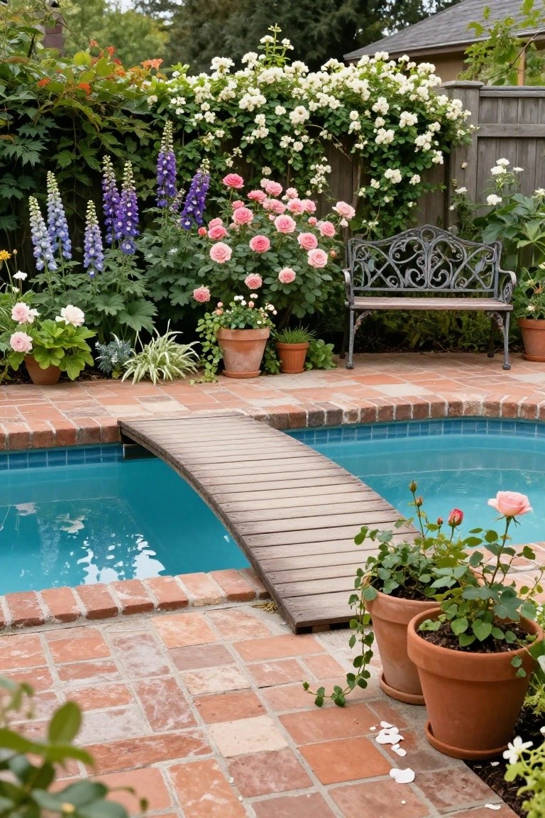 18 Sophisticated Landscaping Around Inground Pool Designs That Flow Beautifully Backyard inground pool with turquoise water spanned by a wooden footbridge, surrounded by brick pavers, lush flower beds of delphiniums and roses, a wrought iron bench, and terracotta pots.