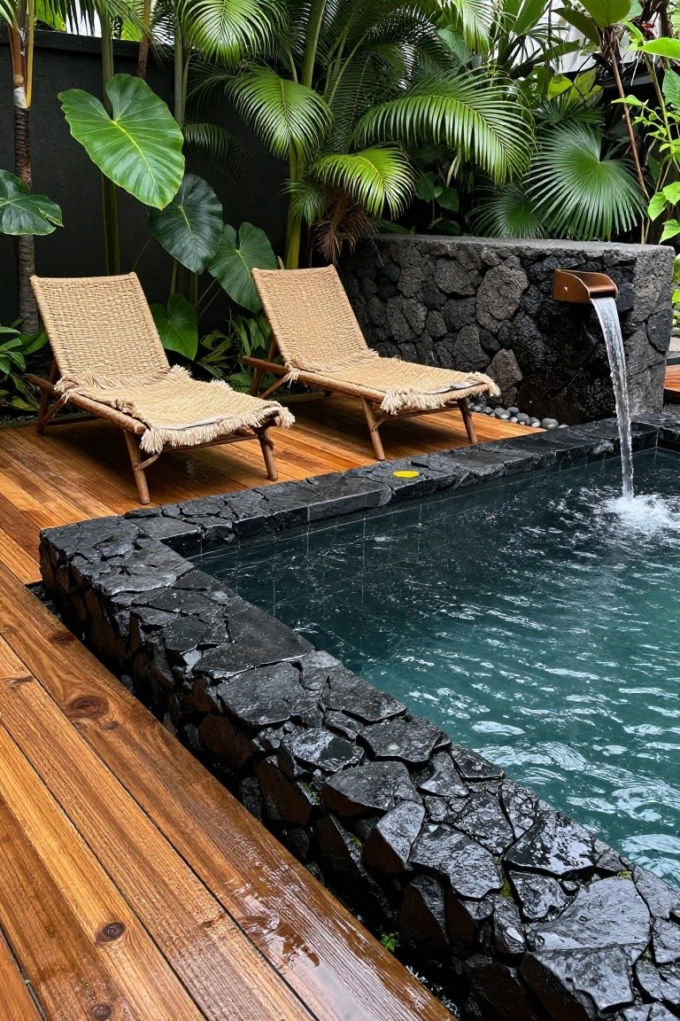 Outdoor infinity-edge pool with black lava rock bordering the water, wooden decking, two rattan loungers, copper water spout, and lush tropical plants in the background.
