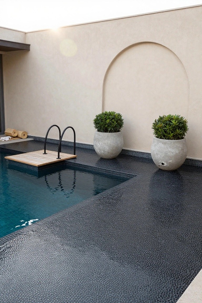 Corner of a turquoise pool with black pebble mosaic tiled decking, wooden entry platform with black metal ladder, two large white pots holding green shrubs, next to beige walls with an arched niche.