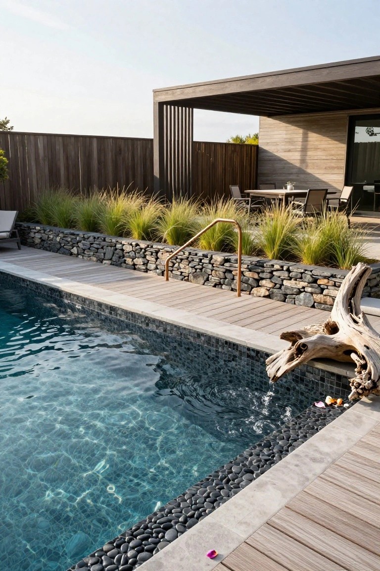 Modern outdoor pool with turquoise water and dark mosaic tiles, edged in black pebbles adjacent to wooden decking, flanked by a stone wall with tall grasses and a driftwood sculpture, near a covered seating area and wooden fence.