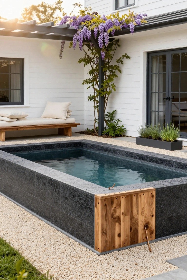 Rectangular black-tiled plunge pool with clear water in a gravel-paved outdoor patio area adjacent to a white house wall, featuring a wooden bench, potted herbs, and wisteria-covered pergola.