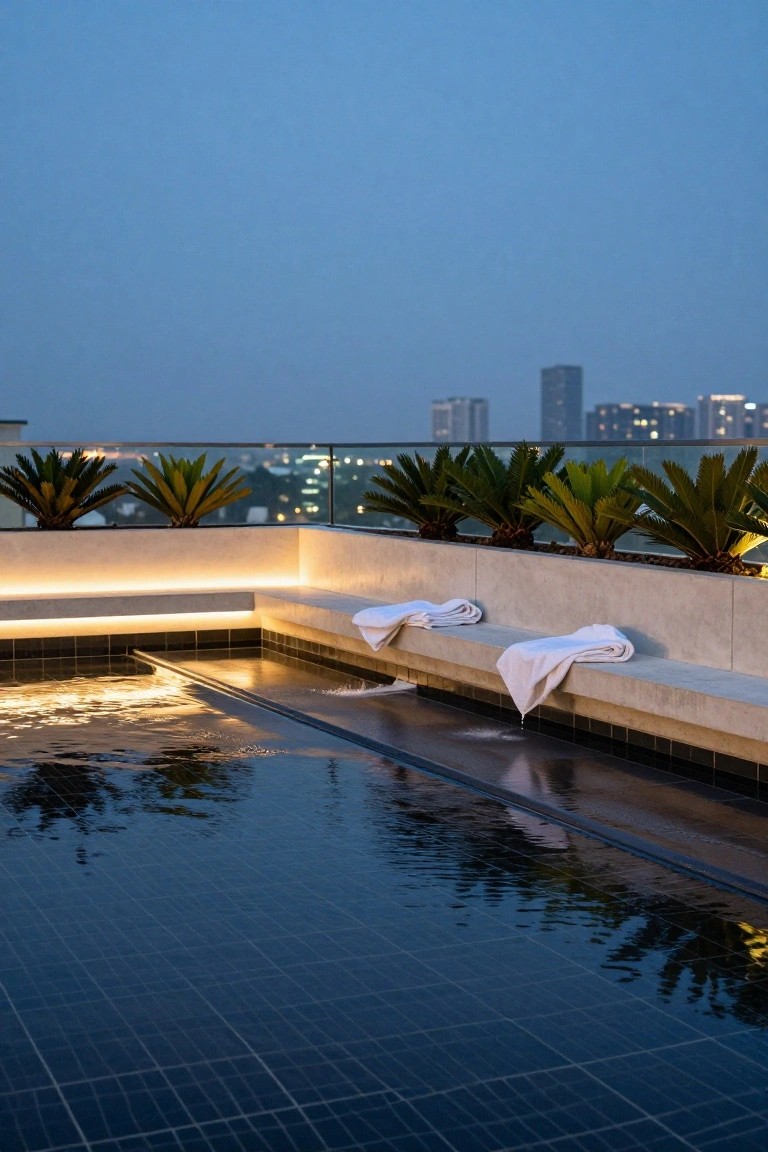 Rooftop infinity-edge pool with dark tiles and glowing underwater lights, concrete benches draped with white towels, potted palm plants along the edge, and city buildings in the background at dusk.