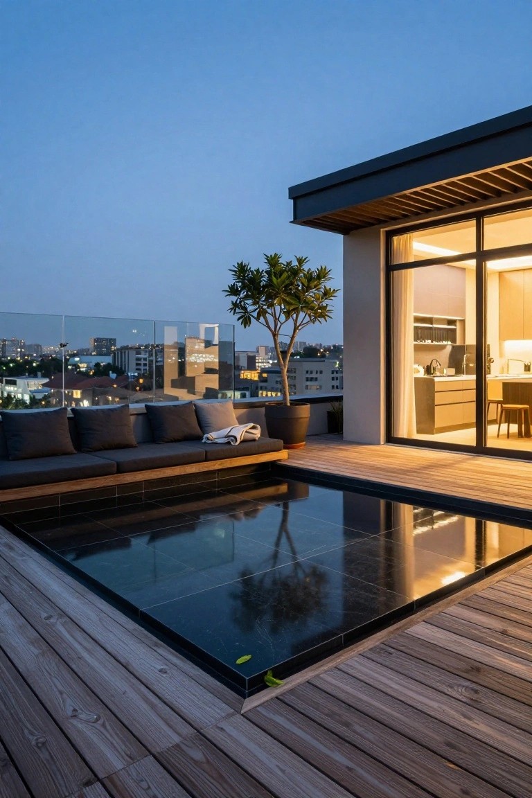 Rooftop terrace at dusk with a rectangular black-tiled pool flush to wooden decking, black outdoor sofa with cushions and throw, potted tree, glass railing overlooking city skyline, and modern kitchen visible through glass doors.
