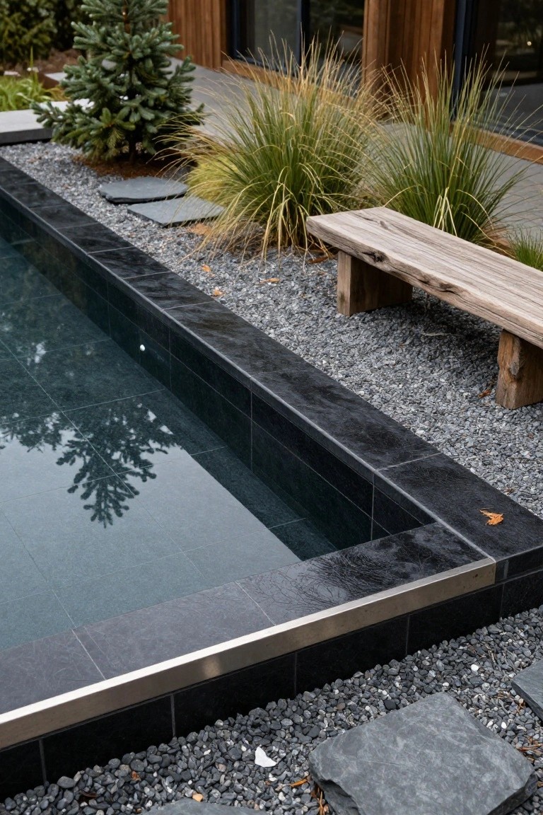Close view of a rectangular pool with black tiles along the edge, surrounded by dark gravel, ornamental grasses, flat stones, a wooden bench, pine trees, and a modern house with wooden siding in the background.