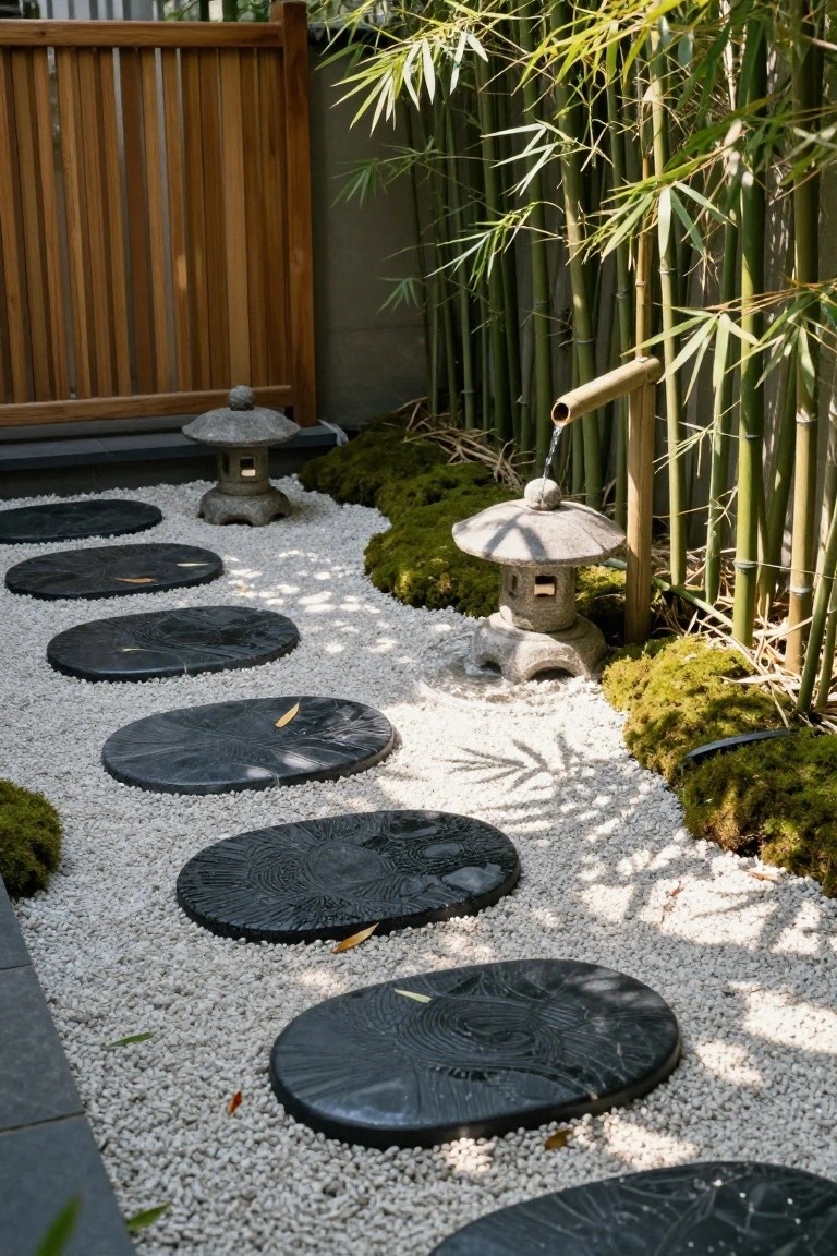 Zen garden path made of black oval stepping stones set into white gravel, with stone lanterns, bamboo fencing, moss, and a bamboo water spout in the background.