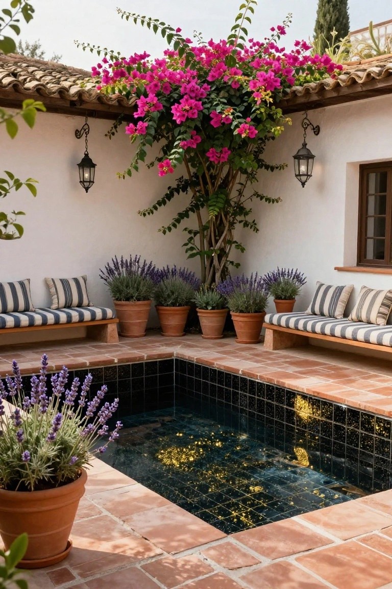Small rectangular plunge pool with black mosaic tiles in a terracotta-paved courtyard corner, surrounded by built-in benches with beige and white striped cushions, terracotta pots of lavender, pink bougainvillea on white walls, and wrought-iron lanterns.