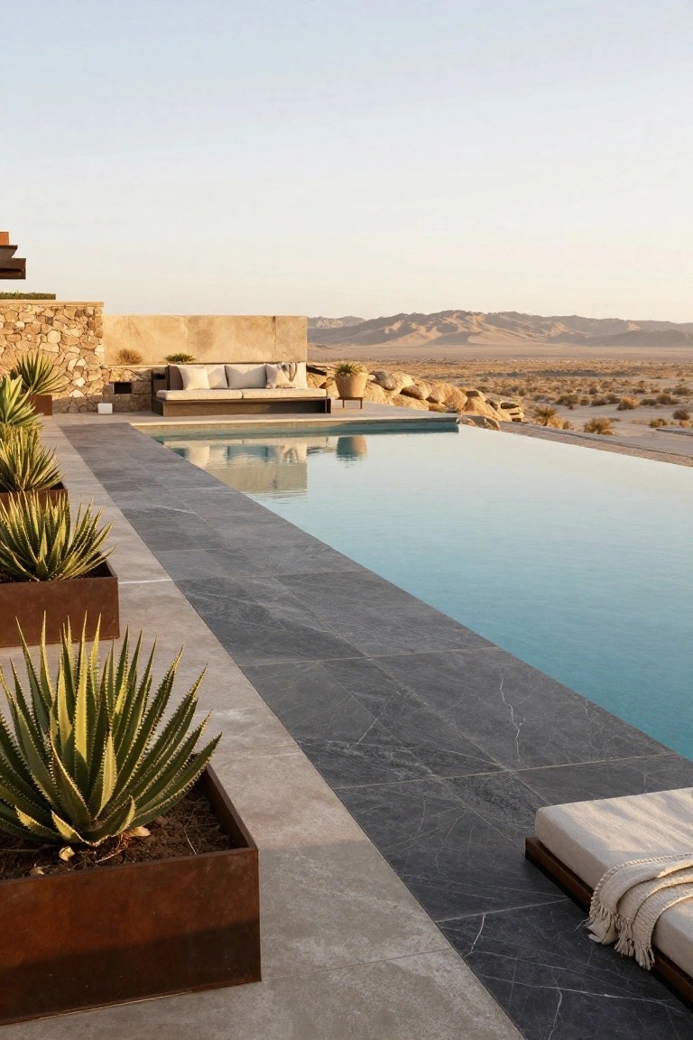 Infinity-edge pool with dark gray tile decking along one side, agave plants in corten steel planters, beige lounge seating nearby, stone walls, and desert mountains in the background at sunset.