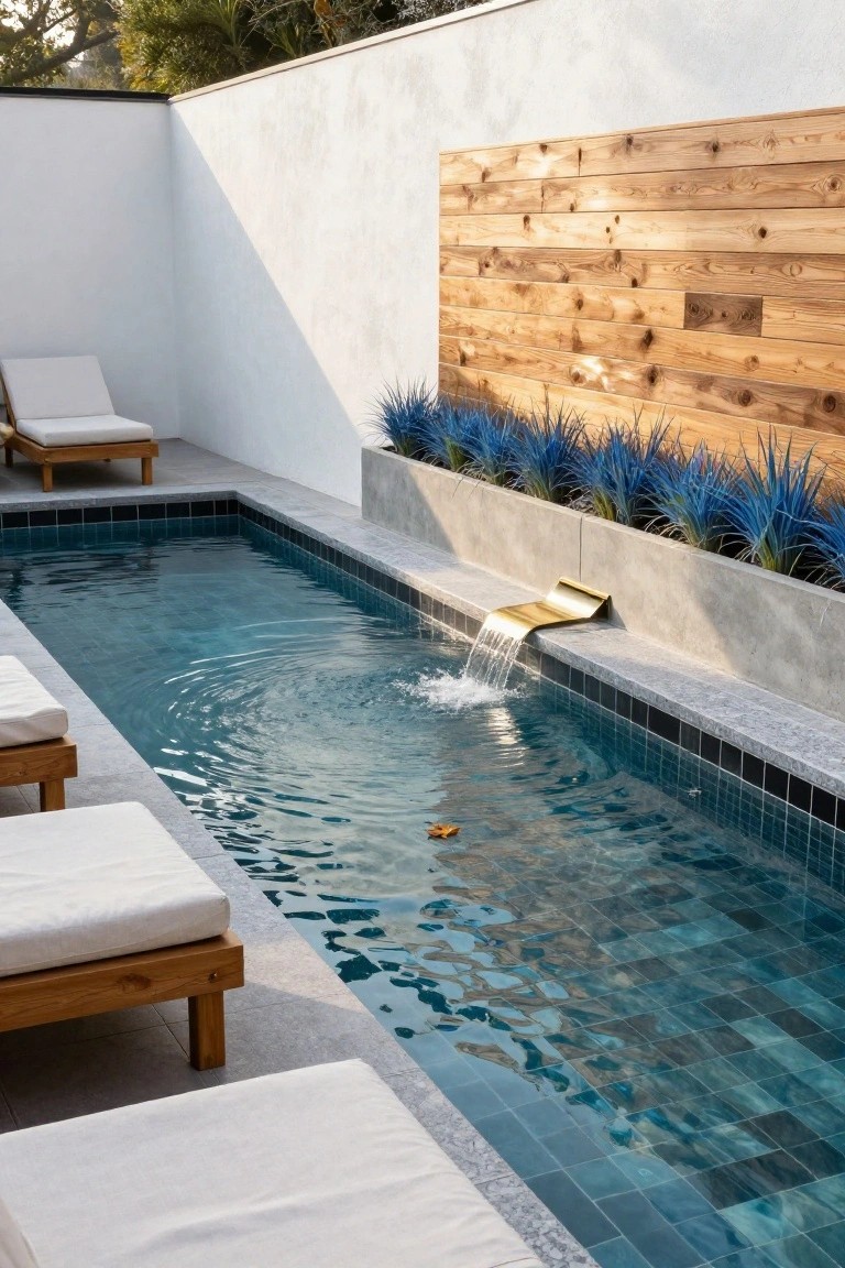 Narrow rectangular outdoor pool with dark blue-black mosaic tiles, gold metal waterfall feature on concrete ledge, white cushions on wooden loungers, blue agave plants in concrete planters, white stucco wall, and horizontal wood fence.