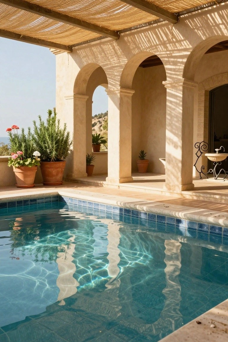 Beige stucco terrace with three arches, large terracotta pots holding plants, ornate metal stand with basin, and rectangular pool edged in blue tiles, viewed from poolside with hillside in background.