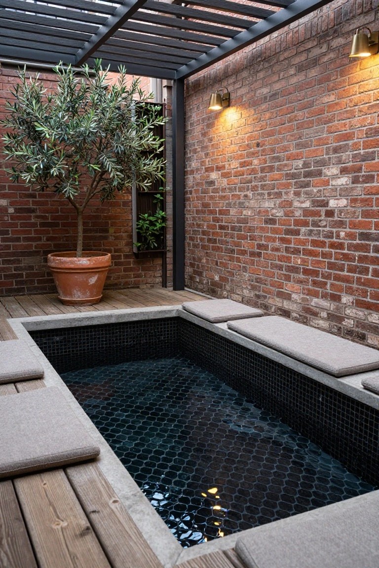Small rectangular plunge pool with black hexagonal mosaic tiles in an outdoor courtyard, surrounded by wooden decking, beige cushioned benches, brick walls, wall-mounted lights, a large terracotta potted olive tree, and a black metal pergola overhead.