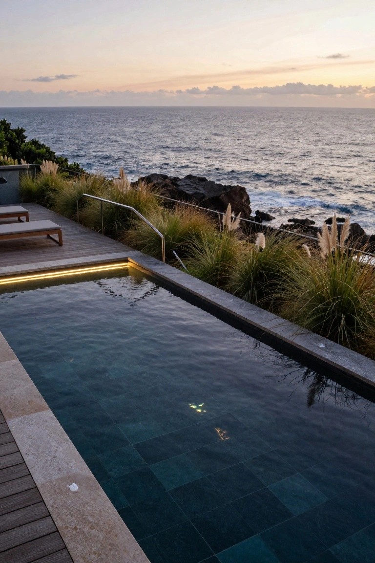 Infinity-edge swimming pool with dark green mosaic tiles on a wooden deck overlooking rocky ocean cliffs at sunset, flanked by pampas grass and lounge chairs.