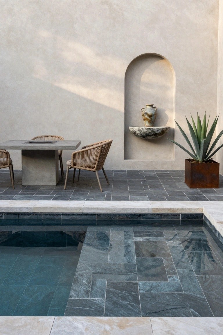 Outdoor pool area with dark slate tile decking surrounding the water, a concrete fire table with rattan chairs, beige stucco wall featuring an arched niche with a vase on a stone shelf, and an agave plant in a rusted metal planter.