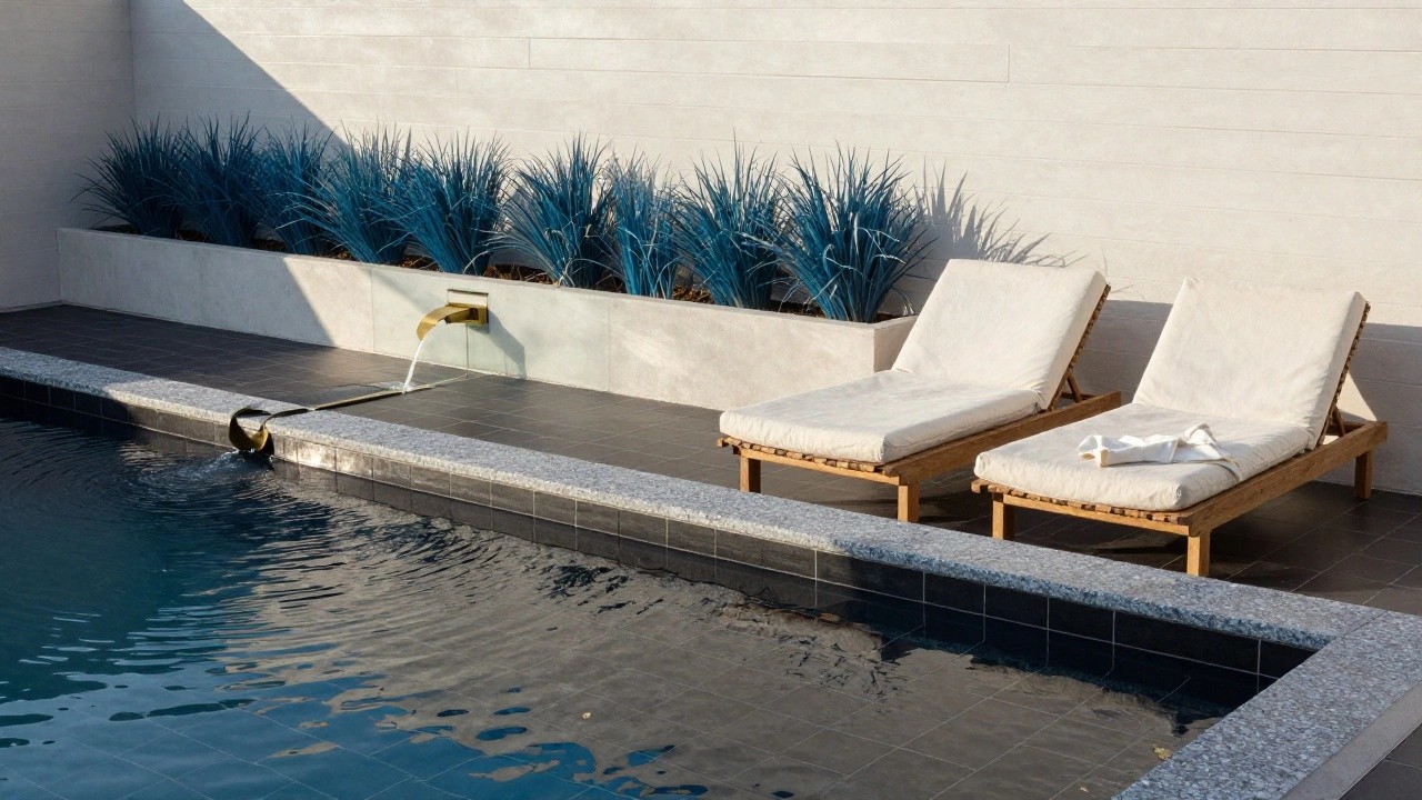 Narrow rectangular outdoor pool with dark blue-black mosaic tiles, gold metal waterfall feature on concrete ledge, white cushions on wooden loungers, blue agave plants in concrete planters, white stucco wall, and horizontal wood fence.