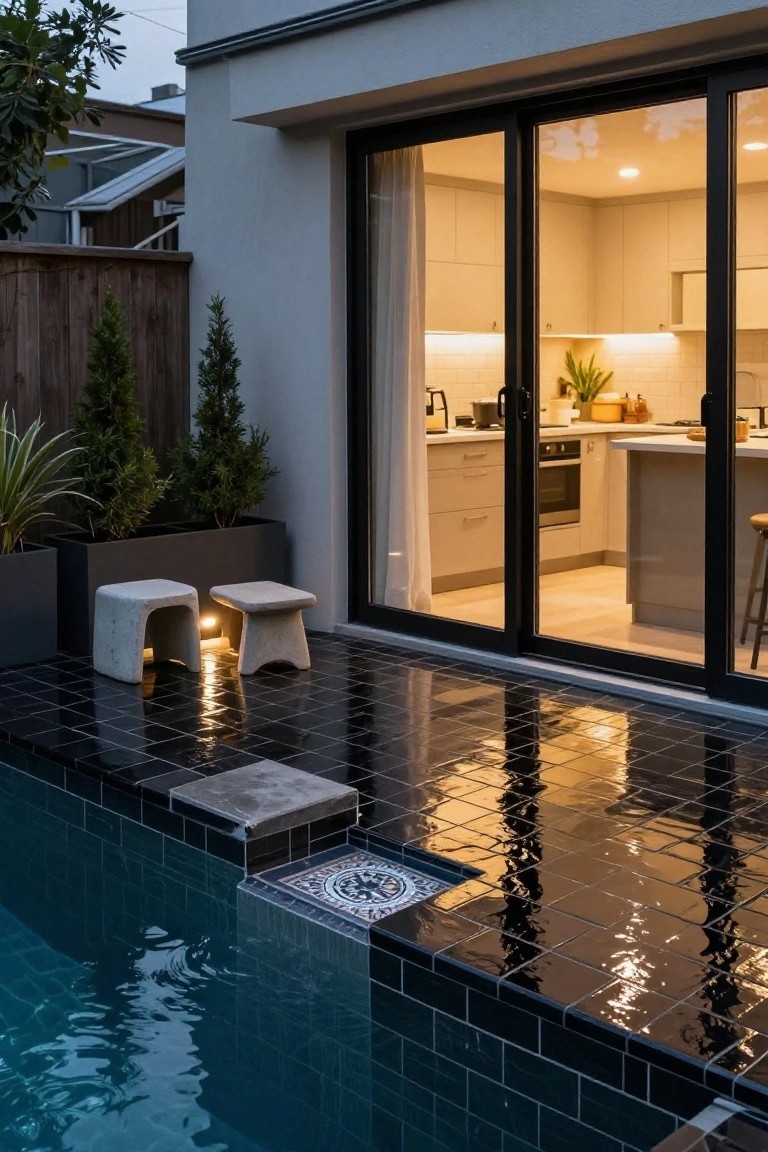 Outdoor pool with glossy black tiles along the edge and surround, adjacent to black-framed sliding glass doors revealing a modern kitchen interior, concrete stools, potted plants, and a decorative tiled inset.