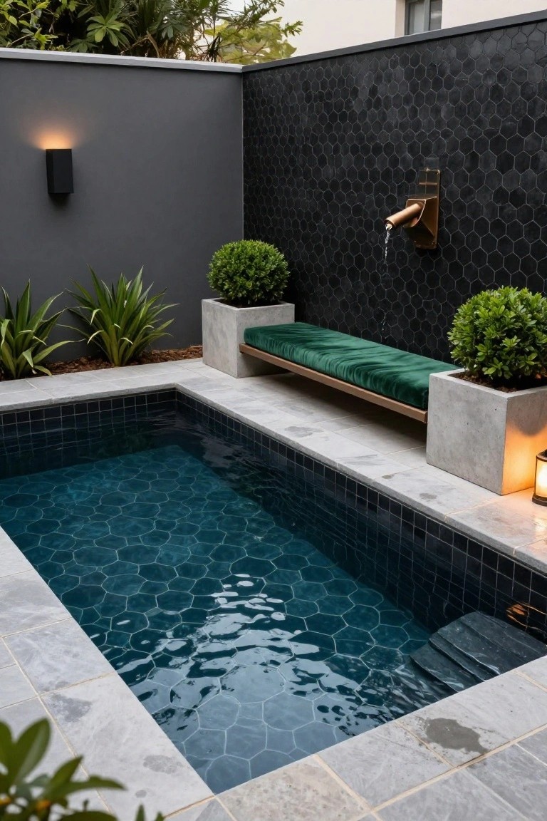 Small rectangular plunge pool with black hexagonal tiles and turquoise water, adjacent to gray stone paving, a green cushioned bench on concrete planters, potted green plants, bronze wall fountain on black hexagonal tiled wall, and wall lights.