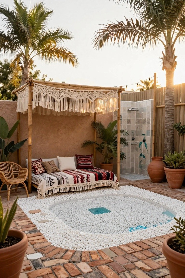 Backyard plunge pool surrounded by white pebbles with a blue tile inset, adjacent outdoor shower enclosed in bamboo and tiles, boho daybed on a platform, potted plants, palm trees, and brick paving.