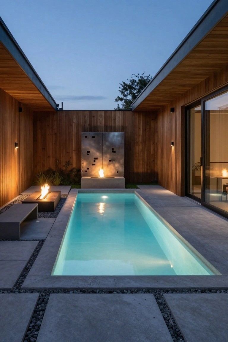 A narrow rectangular plunge pool with turquoise lighting in a cedar-walled courtyard at dusk, adjacent to a low fire pit table, a flame-emitting water feature wall, potted grasses, and sliding glass doors to an interior space.