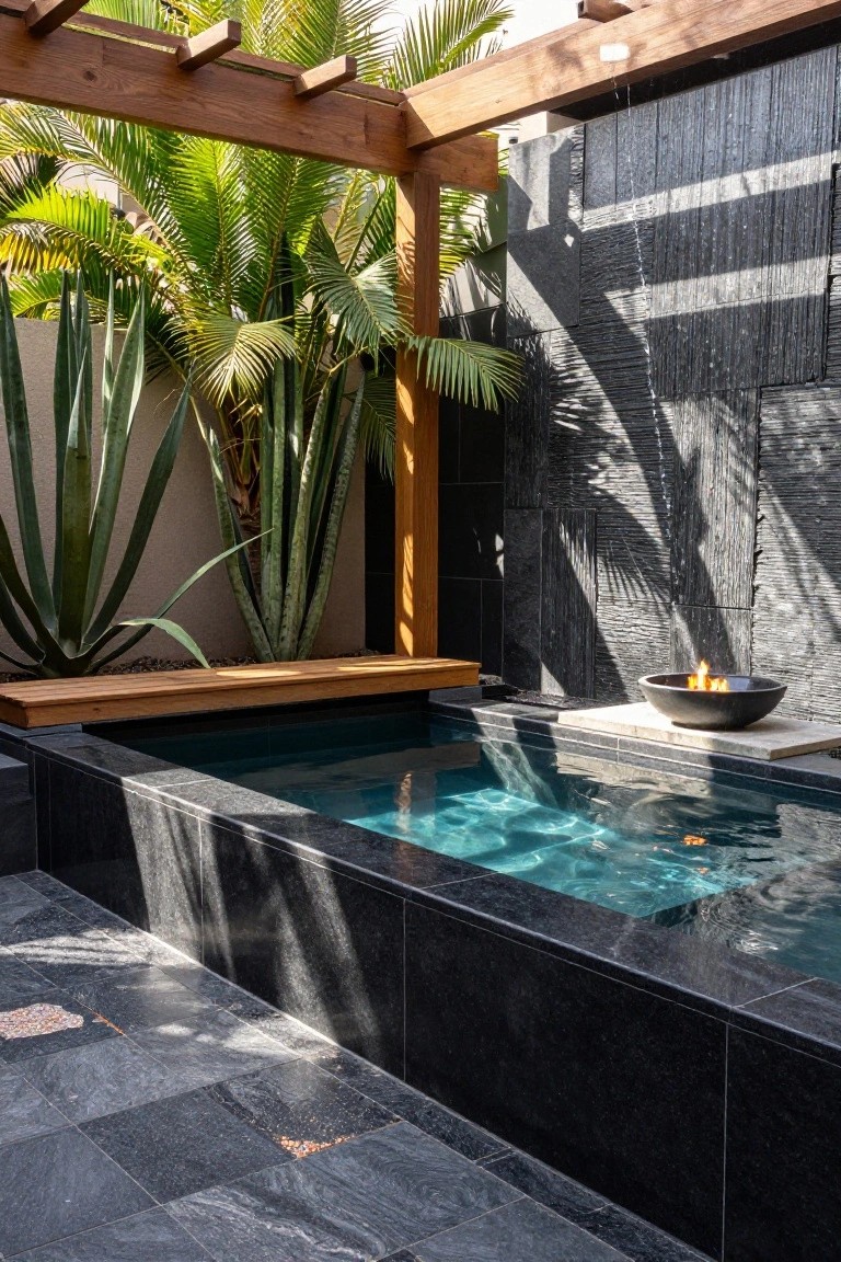 Small rectangular plunge pool with black stone surround and turquoise water next to a black bowl fire pit on a stone base, under a wooden pergola with palm trees, agave plants, and a textured stone water wall.