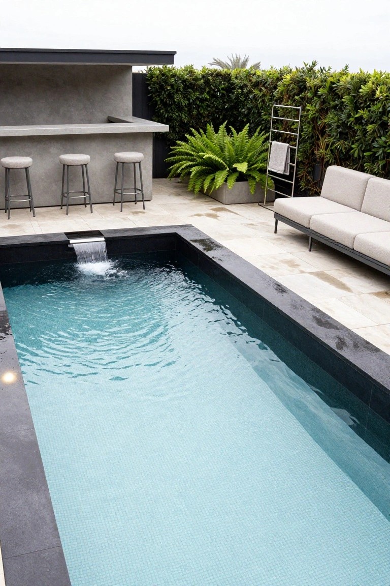 A narrow rectangular plunge pool with turquoise tiles, black edging, and a waterfall at one end, next to a concrete bar with three stools, a lounge sofa, towel rack, plants, and hedges in an outdoor patio area.
