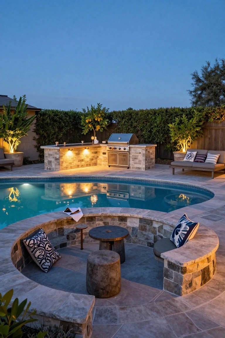 Curved stone bench seating with patterned pillows around a central low table and stools next to a lit pool, with an outdoor kitchen grill and lounge chairs in the background at dusk.