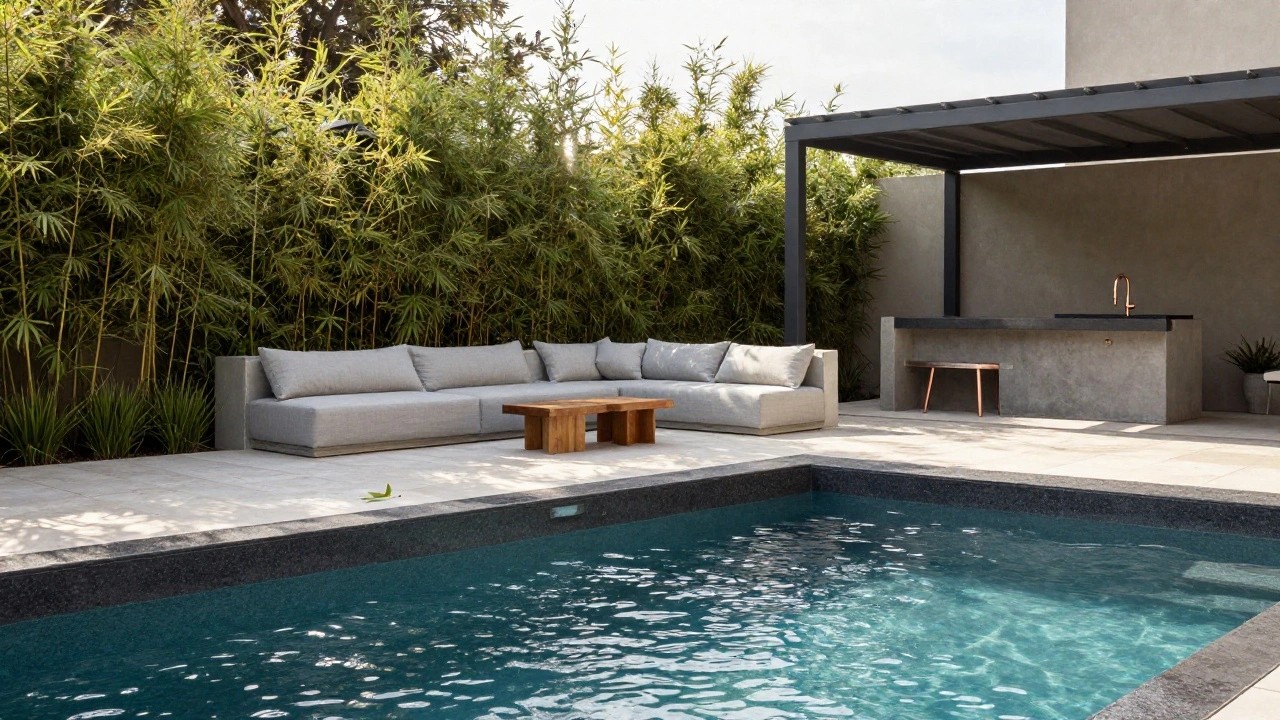Outdoor pool deck with built-in concrete bench topped by gray cushions and two wooden coffee tables, a loose pillow on the light gray tiled floor, nearby concrete outdoor kitchen counter with copper faucet, black-edged pool, and bamboo plants in the background.