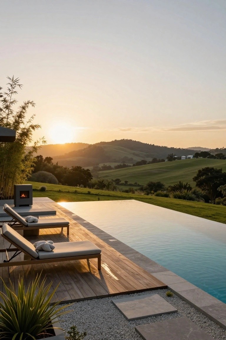 Wooden deck alongside an infinity-edge pool with two lounge chairs, towels, a gas fire pit, bamboo plants, agave, and gravel, overlooking green rolling hills and mountains at sunset.