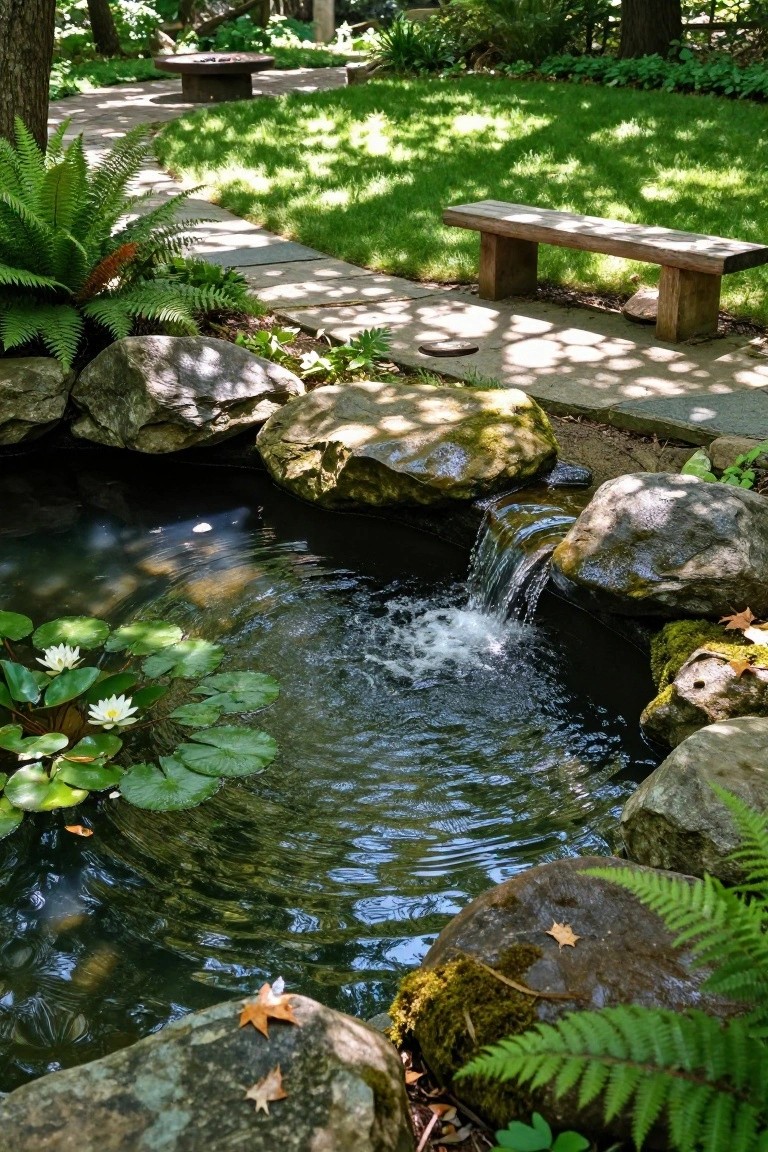 Backyard pond lined with mossy rocks and stones, featuring a small waterfall cascading into dark water with white water lilies and lily pads, surrounded by ferns, a wooden bench, stone path, and grass lawn.