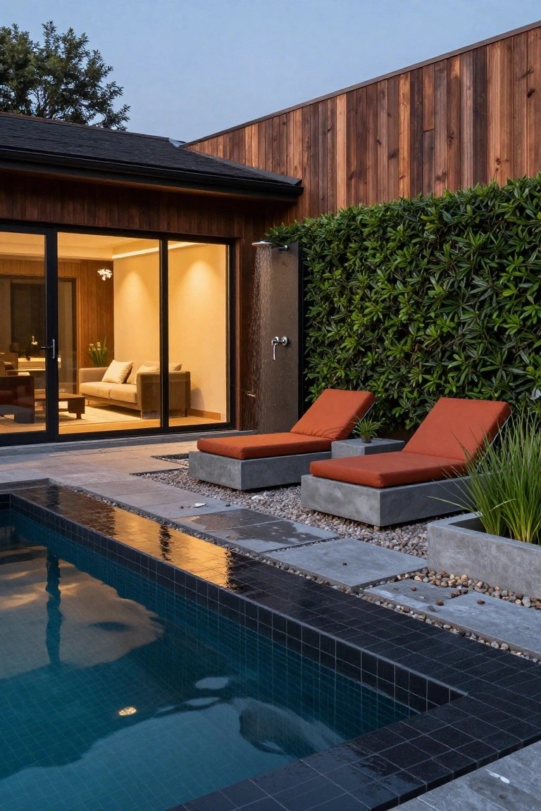 Modern backyard pool with teal water and black tile edging, two orange loungers on gray concrete bases next to a running outdoor shower on a wooden wall, glass sliding doors to an interior room, hedges, pavers, and plants.