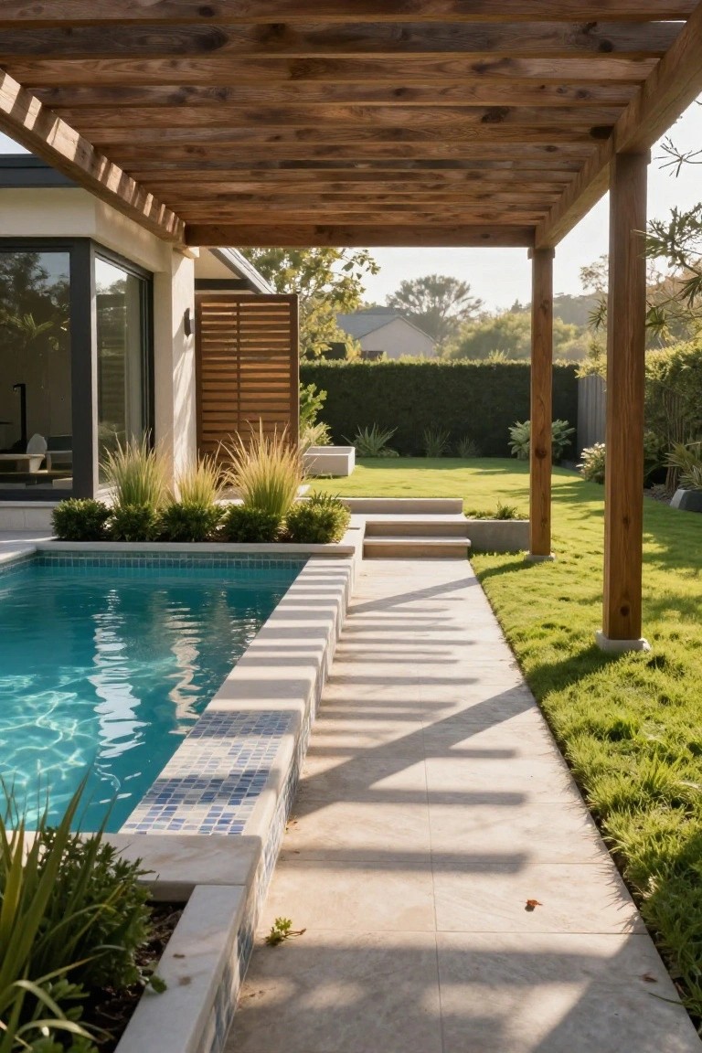 Backyard pool with turquoise water and blue mosaic tiles along the edge, under a wooden pergola with beams casting shadows on a light stone path next to green grass lawn and ornamental grasses, modern house visible nearby.