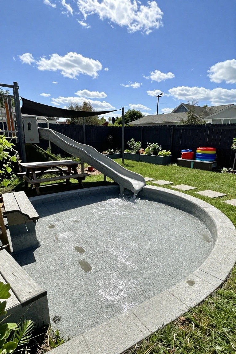 A playground slide empties into a circular gray-tiled splash pool with shallow water, set in a grassy backyard with a wooden picnic table, garden beds, and fence nearby.