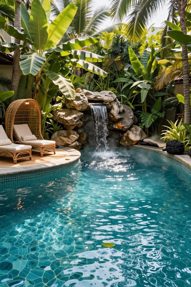 Curved turquoise pool with water cascading from a rocky waterfall, flanked by tropical plants and two wicker loungers on a wooden deck.