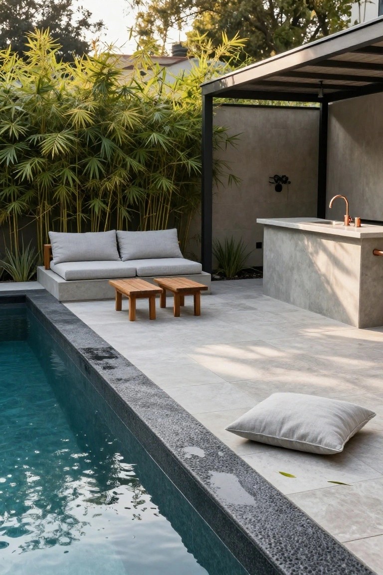 Outdoor pool deck with built-in concrete bench topped by gray cushions and two wooden coffee tables, a loose pillow on the light gray tiled floor, nearby concrete outdoor kitchen counter with copper faucet, black-edged pool, and bamboo plants in the background.